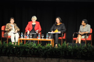 Dr. Nitza Hernández directs to the public during the track winners panel. From left to right: Dr. Hernández, Dr. Jane Delgado, BMCC; Dr. Celia Cruz-Johnnson, SJCC and Dr. Marva Craig, BMCC.